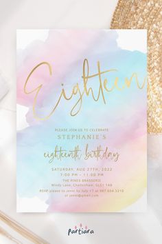 a watercolor birthday party card with the word, glittenn on it