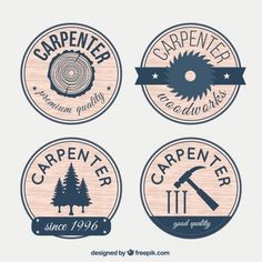 four different logos for carpenters and woodworkers, with trees in the background