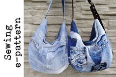 two denim purses hanging on a brick wall with the words sew and pattern written below them