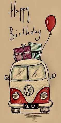 a drawing of a vw camper van with luggage on top and the words happy birthday written above it