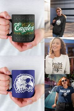 the collage shows four different mugs with images of women and eagles on them