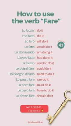 a key with the words how to use the verb fare