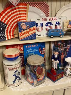 an assortment of patriotic items on a shelf