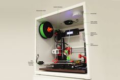 the inside of a white cabinet with parts labeled in green and black on it's sides