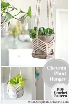 two hanging planters with plants in them and the text chevron plant hanger