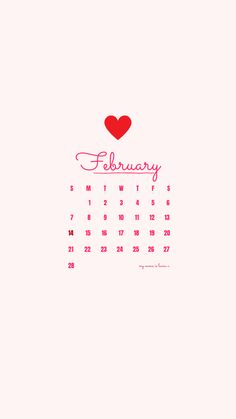 a calendar with the word february written in red ink on a white background and a heart above it