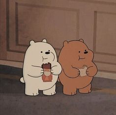 two cartoon bears are standing next to each other eating some food and one is holding a cupcake