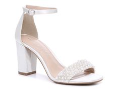 a women's white high heeled sandal with pearls