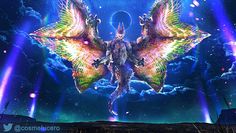 an artistic image of a giant bird with wings flying through the air in front of blue and purple lights