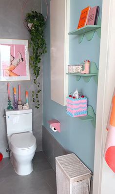 a bathroom with a toilet and shelves on the wall