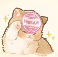 a close up of a cat with a tag on it's face and the words fragile thank you