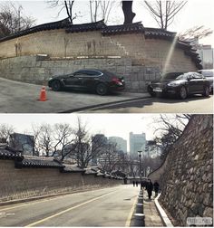 two pictures of cars parked on the side of a road next to a stone wall