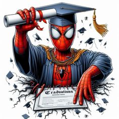 a drawing of spider - man holding a diploma and wearing a graduation cap with his hands in the air