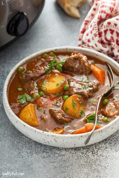 a bowl of beef stew with carrots, potatoes and parsley on the side