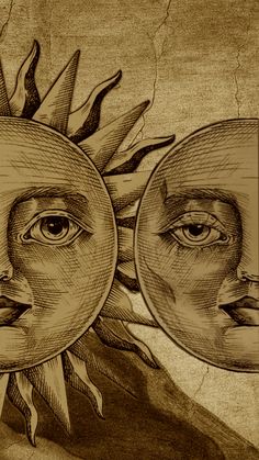 an artistic drawing of the sun and moon faces