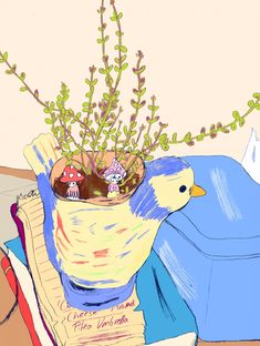 a drawing of a bird sitting on top of a book next to a potted plant