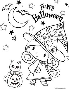 a girl in a witches hat with her cat and pumpkin on halloween night coloring page