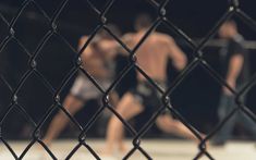 two people in the background behind a chain link fence