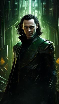 loki in the avengers movie poster with his green cloak and black hair, looking into the distance