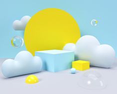 the sun and clouds are floating in front of soap bubbles on a blue sky background