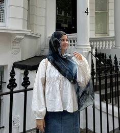 vela scarves navy marble outfit check fit inspo hijabi modest modal hijab aesthetic denim maxi skirt white tie bow blouse ruched blouse cute london summer autumn fit blue Bow Skirt Outfit, Blue Hijab Outfit, Hijab Outfit Aesthetic, Blue Blouse Outfit, Marble Outfit, Blue Denim Outfits, Denim Skirt Outfit Summer, White Blouse Outfit, Blue Skirt Outfits