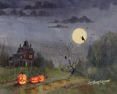 a painting of two pumpkins in front of a house with a full moon behind them