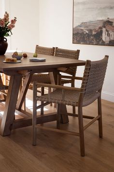 The ema dining has a rounded teak frame that pairs beautifully with the Danish-inspired synthetic rattan weave and banding. Our outdoor pieces are made from locally sourced high-grade teak and treated to a beautiful neutral outdoor finish. The synthetic rattan matches the texture and aesthetic of a natural fiber but is UV-treated to make it suitable for outdoor use. Equally beautiful indoors, especially for young families, these chairs can be taken outside and rinsed off. Rattan Dining Room, Rattan Weave, Rattan Dining, Teak Frame, Woven Rattan, Room Chairs, Dining Room Chairs, Teak