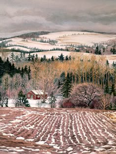 a painting of a snowy landscape with trees and a red barn in the distance on a hill