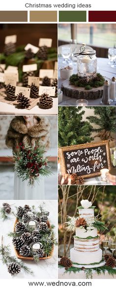 a collage of photos with pine cones and evergreens on them, including wedding cake