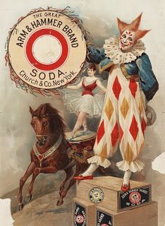 an old circus poster with a clown riding a horse next to a woman on a pedestal