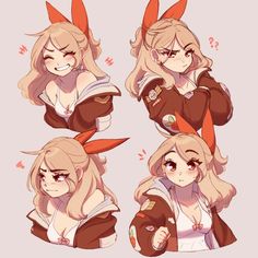 four different poses of an anime character with horns and ears on their head, one is wearing