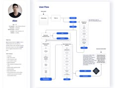 the user flow diagram is shown in blue and white, with an image of a man's face