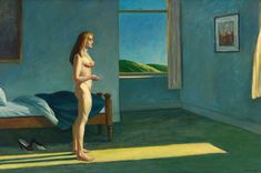 a painting of a naked woman standing in a blue room next to a bed and window