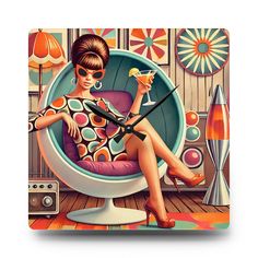 60s Mod Gal, Mid Century Modern Kitschy Acrylic Wall Clock Vintage Artwork Retro Print Mid Century, Mods Art, Mid Century Modern Clocks, Mid Century Home Decor, Mid Century Modern Office, Mid Century Modern Curtains, Modern Duvet, Atomic Ranch, Modern Kitchen Accessories