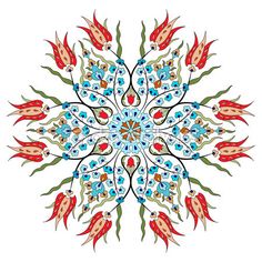 an abstract floral design with red and blue flowers on white background, suitable for wallpaper or fabric