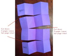 three pieces of purple paper with the words cut down and 3 pages in each corner