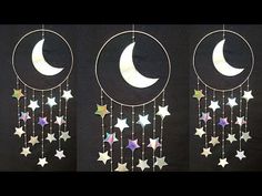 three pictures of stars and crescents hanging from the ceiling