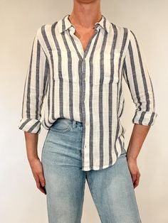 Introducing the Bestie Shirt in Blue, your new companion for the spring and summer season. Made with a luxurious linen blend, this stylish striped shirt is versatile enough to pair with any casual denim and sandals. Let it be your go-to piece for effortless fashion. Linen Shirt Outfit, Outfit Denim, Striped Linen Shirt, Stylish Women Fashion, Gorgeous Clothes, Effortless Fashion, Linen Blouse, Button Up Blouse, Luxury Linen