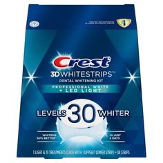 Want to whiten your teeth at home? Crest 3DWhitestrips Professional White + LED Accelerator Light is designed to whiten like a professional-level teeth whitening treatment at home. The LED Accelerator Light works to weaken stains so that the whitening ingredients inside Crest 3DWhitestrips can work more effectively to remove stains. In fact, this technology works just like the LED teeth whitening technology dentists use. Plus, the Advanced Seal Technology's comfortable, no-slip grip means the st Crest White Strips, Crest 3d White, Whitening Strips, Loose Tooth, Teeth Whitening Pen, Teeth Whitening Strips, Whitening Kit, Teeth Whitening Kit, 19 Days