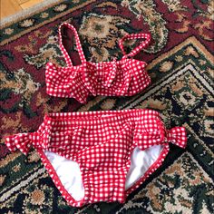 Adorable Red And White Bikini. Never Worn But Tags Taken Off Smoke And Pet Free Home Cute Red Summer Swimwear, Cute Red Swimwear For The Beach, Red Swimwear For Summer Playwear, Cute Red Swimwear For Poolside, Fun Red Swimwear For The Beach, Fun Red Swimwear For Pool, Red Fun Swimwear For Pool, Kids Swimming, Kids Shop