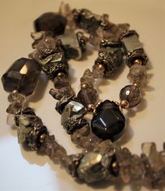 Beautiful and Unique Smokey Quartz Necklace, Chips and stunning Marquise Faceted Smokey Quartz stones that surround natural Pyrite stones. Smoky Quartz Jewelry, Quartz Jewelry, Smokey Quartz, Beaded Necklaces, Quartz Necklace, Quartz Stone, Smoky Quartz, Chain Styles, Jewelry Ideas