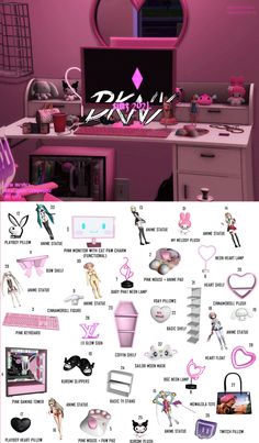 a pink vanity with lots of different items on it and the words barbie written in white