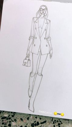 a drawing of a woman wearing a suit and holding a handbag in her right hand