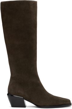 Knee-high suede boots in brown. · Pointed square toe · Stitch detailing at heel collar · Concealed elasticized gusset at collar · Zip closure at inner side · Buffed leather and suede lining · Stacked block heel with rubber injection · Leather sole · Logo-engraved silver-tone hardware · Heel: H2.25 Supplier color: Dark espresso suede Tall Brown Boots, Suede Boots Knee High, Silver Engraving, Boots Knee, Rag And Bone, Tall Boots, Suede Boots, Brown Suede, Brown Boots