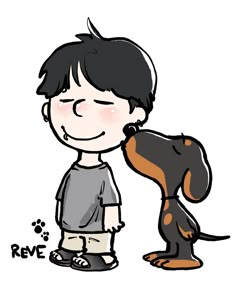 a drawing of a boy kissing a dog's nose with his paw on the ground