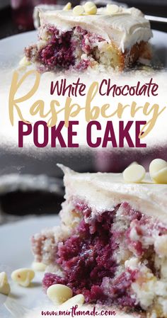 white chocolate raspberry poke cake on a plate