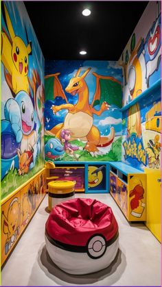 a room with pokemon themed walls and furniture in the corner, including a bean bag chair