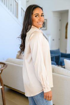 Treat yourself to a little luxury in the Loved For Years Satin Button Up In Beige. This dreamy top features a collared neckline that tops a functional button placket, ending at a double rounded hem. Long sleeves boast functional button cuffs for more styling versatility! Lightweight + No stretch 100% Polyester Wash cold, hang dry True to size *Measurements listed below are of the actual clothing item* S: Chest 40" Length 26"M: Chest 42" Length 27"L: Chest 44" Length 28"XL: Chest 46" Length 29"1X Black Sequin Pants, Satin Button Up, Sequin Pants, Blouse Material, Judy Blue Jeans, Black Sequins, S Models, Treat Yourself, Button Placket