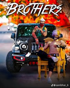 two people sitting on top of a yellow bench in front of a black jeep with the words brothers above it