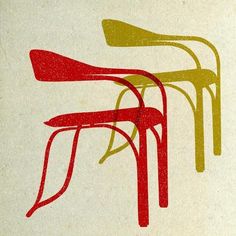 three chairs sitting next to each other in front of a white wall with red and yellow lines